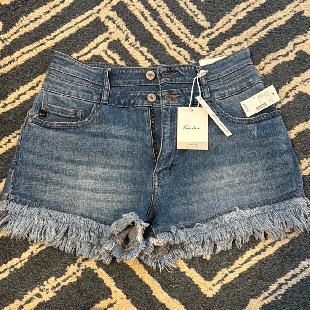 KanCan Blue Jean Shorts with Distressed Fringe